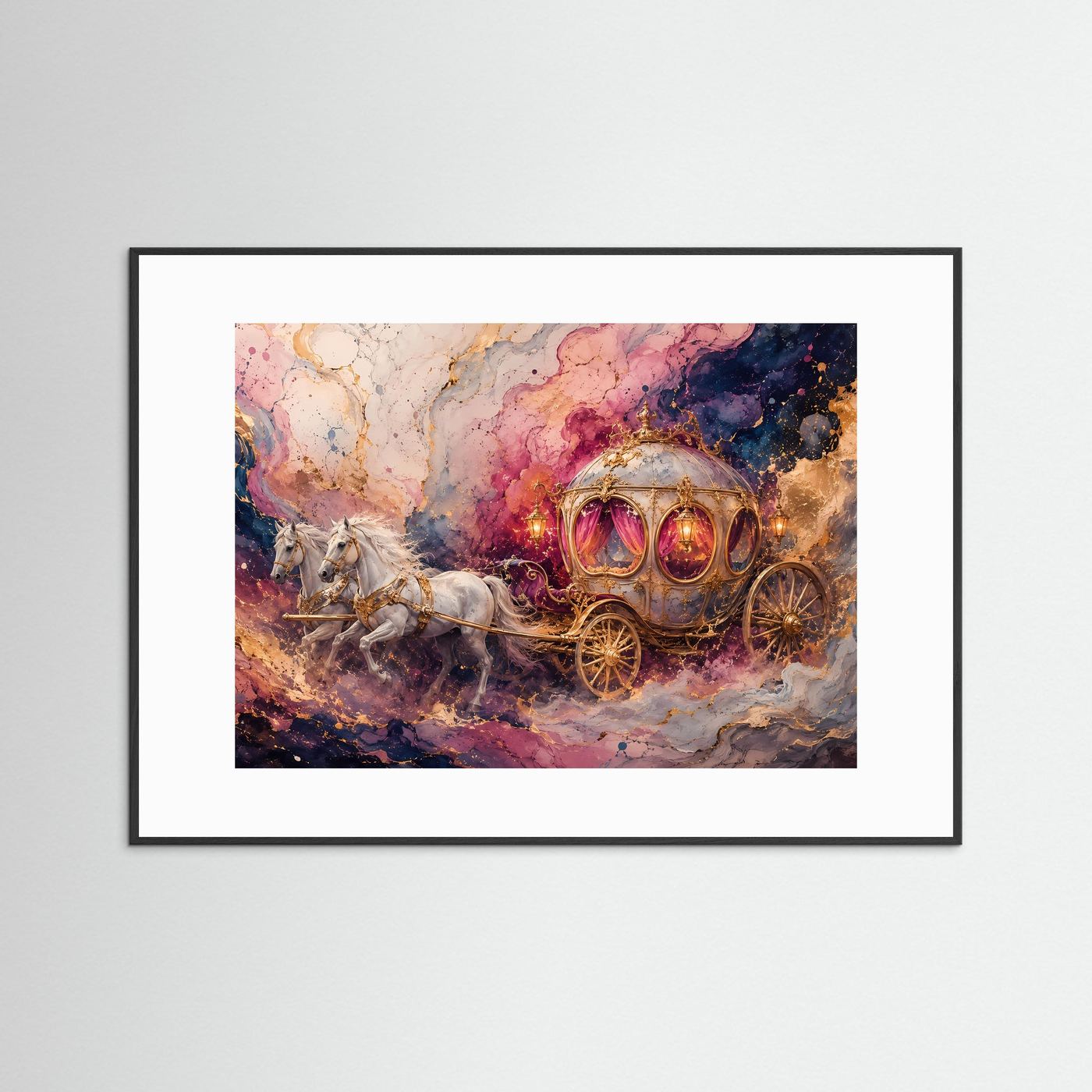 Märchenhafte Kutsche mit weißen Pferden | Fantasy Kunst in Rosa & Gold