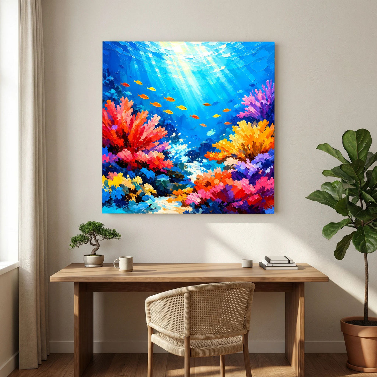 Quadratisches Unterwasser-Wandbild mit farbenfrohen Korallen und kleinen Fischen