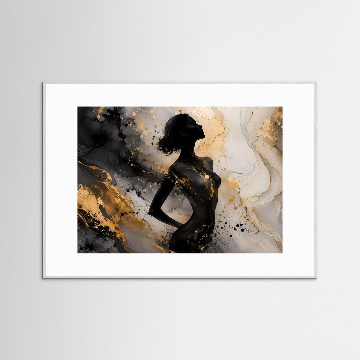 Wandbild mit abstrakter Frauensilhouette in Gold-Schwarz und Marmoreffekt, weiß gerahmt