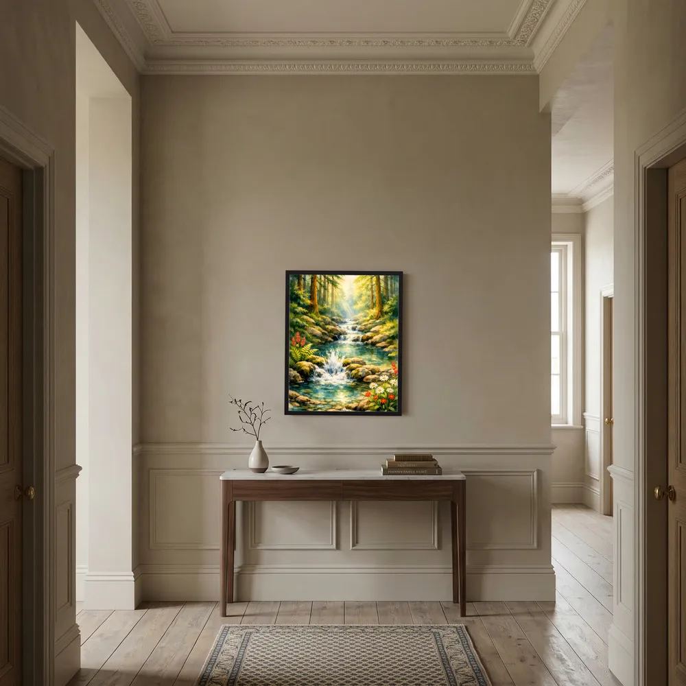 Gerahmtes Hochformat-Poster mit Wasserfall und Bachlauf im Wald