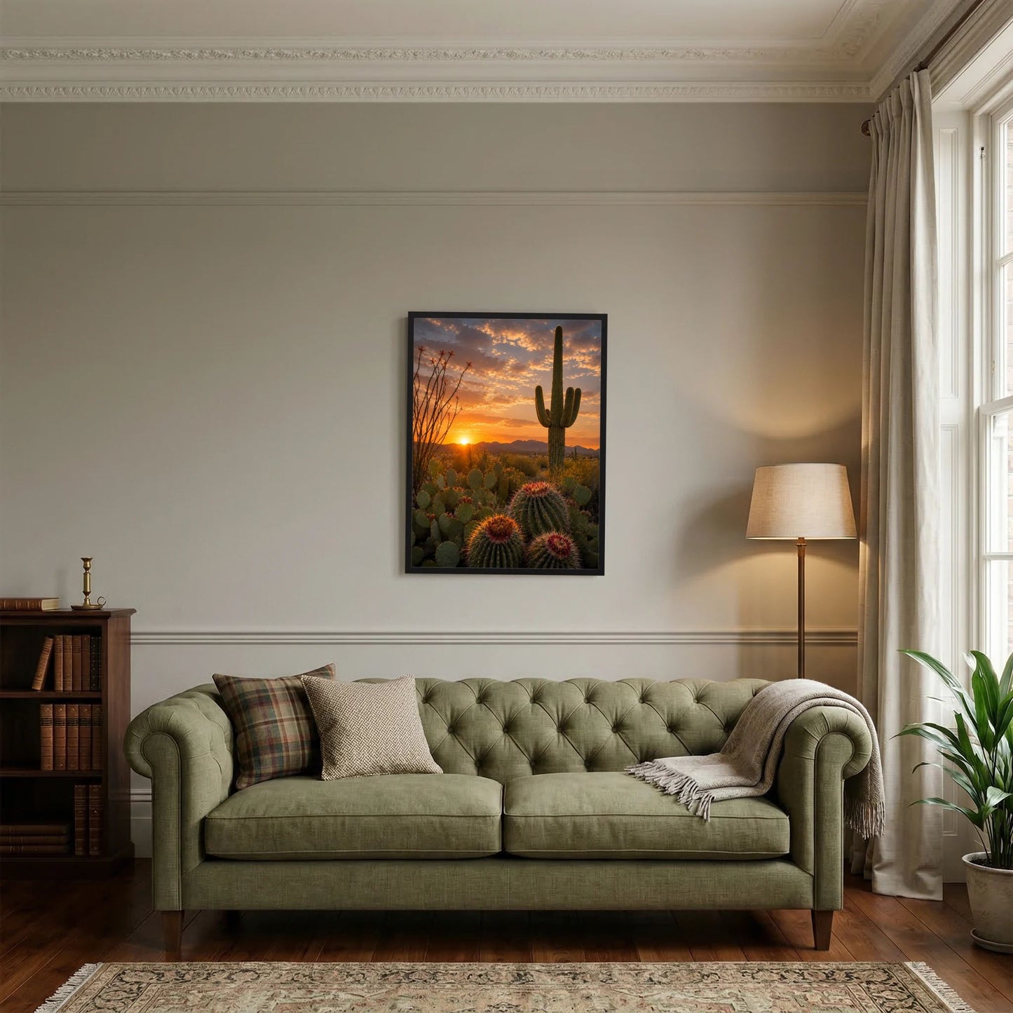 Schwarz gerahmtes Poster mit Wüstenkakteen und Sonnenuntergang