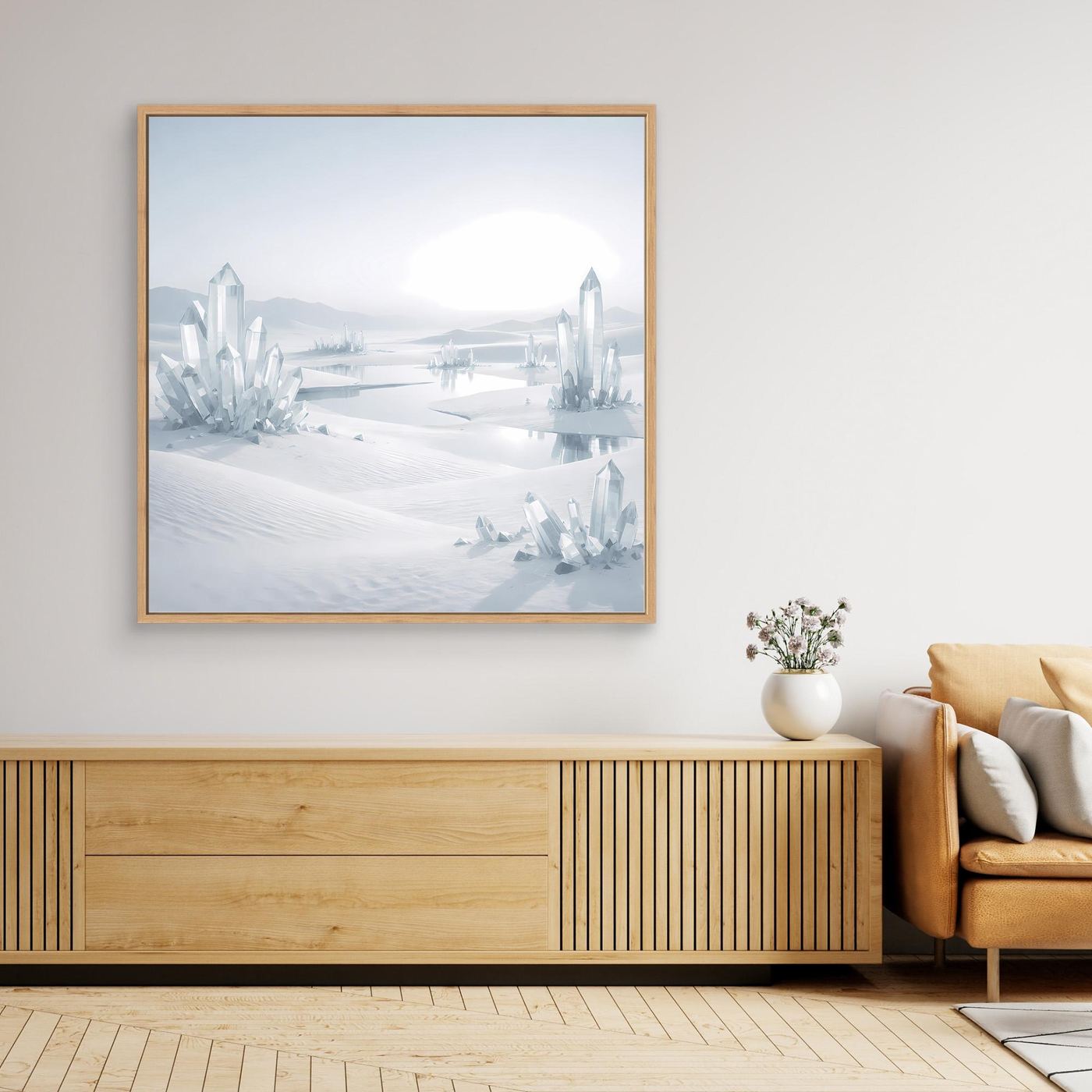 Leinwandbild mit kristalliger Winterlandschaft, Eichenrahmen in Braun