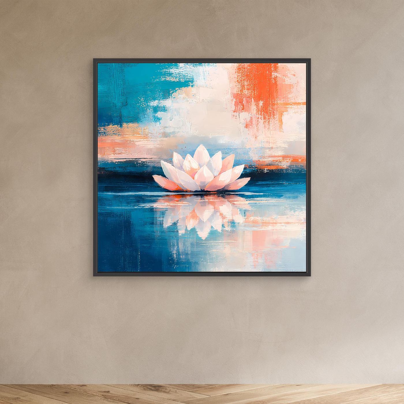 Leinwand Abstrakte Lotusblüte auf dem Wasser | Modernes Seerosen Wandbild Blau Orange