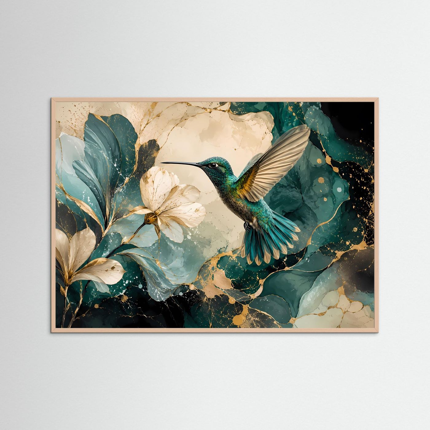Kolibri mit Magnolienblüten Poster | Elegante Vogelkunst in Türkis Gold Modernes Blumen Wandbild Querformat