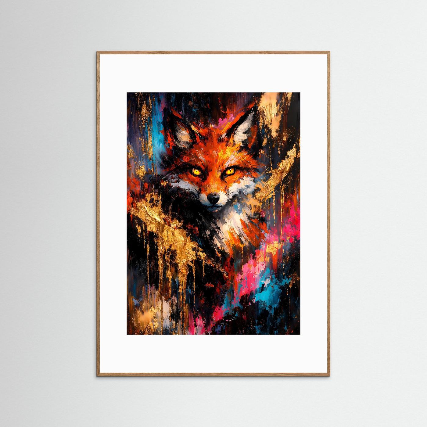 Fuchs-Kunstposter im Hochformat, buntes Flammenfuchs-Motiv im hellbraunen Holzrahmen