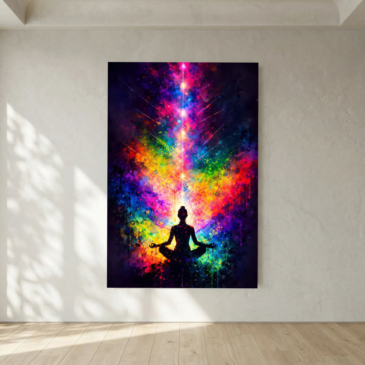 Hochformatiges Poster mit schwarzer Meditationsfigur und farbiger Energie-Optik