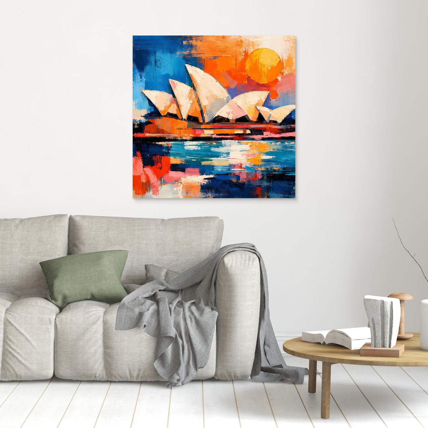 Abstract architecture wall art with light wood frame above sofa, blue and orange harbor