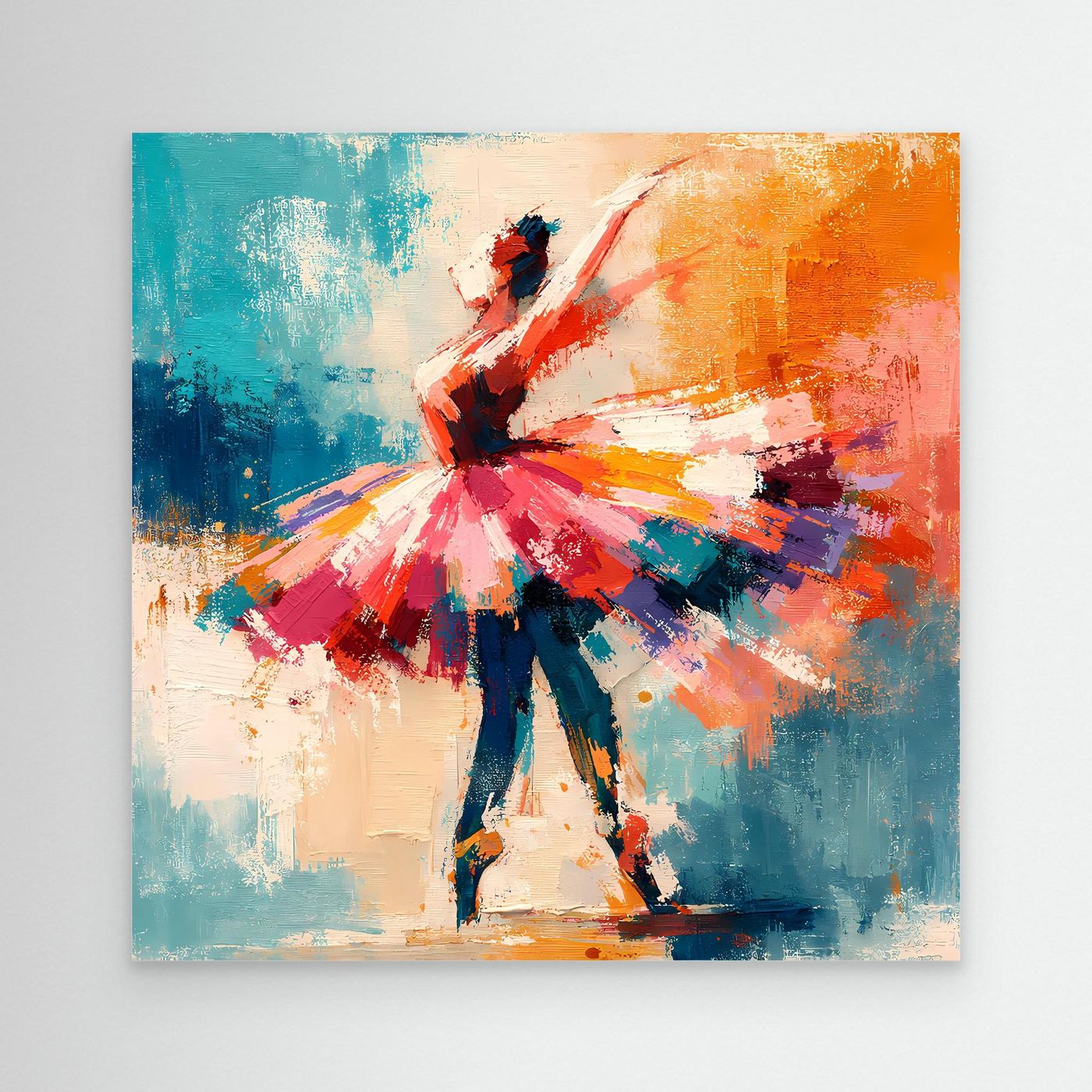 Abstract ballerina wall art, red tutu dancer with teal, blue, and orange paint strokes