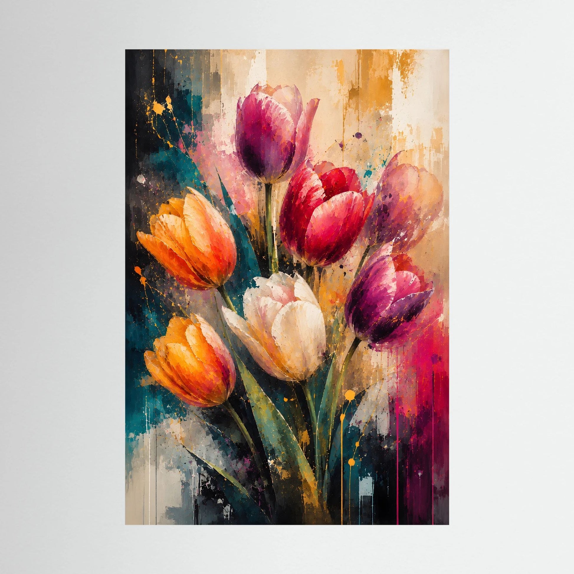 Abstraktes Tulpen-Kunstposter mit orangefarbenen und violetten Blüten, Hochformat