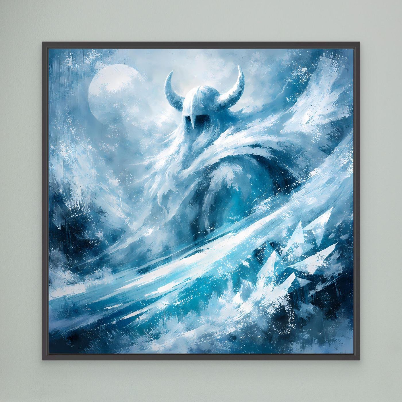 Leinwandbild mit Eiswikinger-Motiv in Blau und Türkis, quadratisch, mit dunklem Rahmen