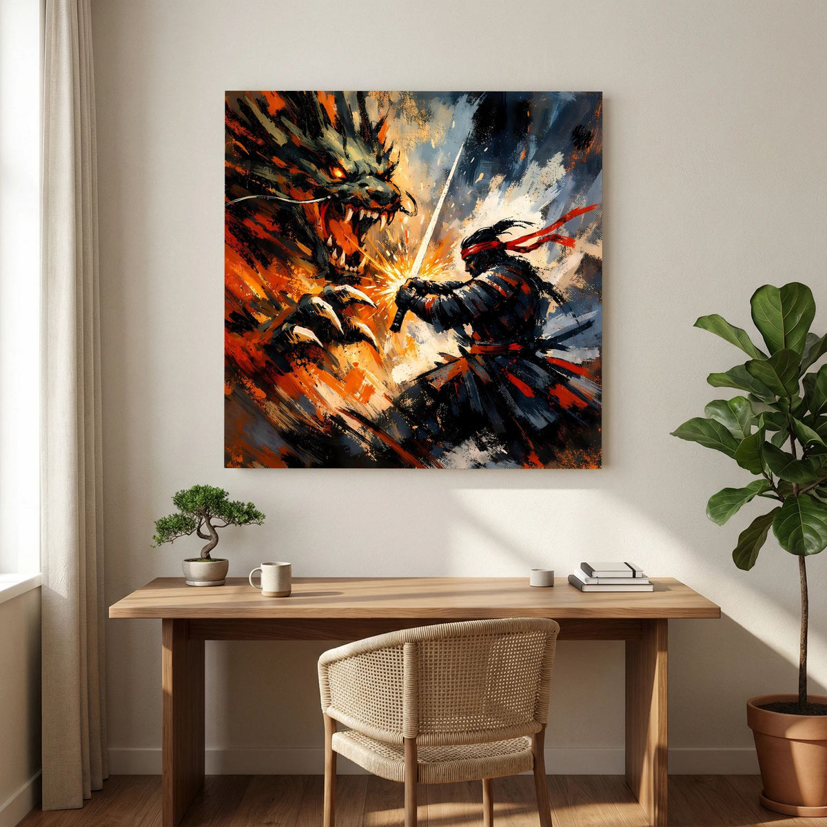Quadratisches Leinwand-Wandbild: Samurai im Fokus, Drache im Angriff, schwarz-orange Farbwirbel