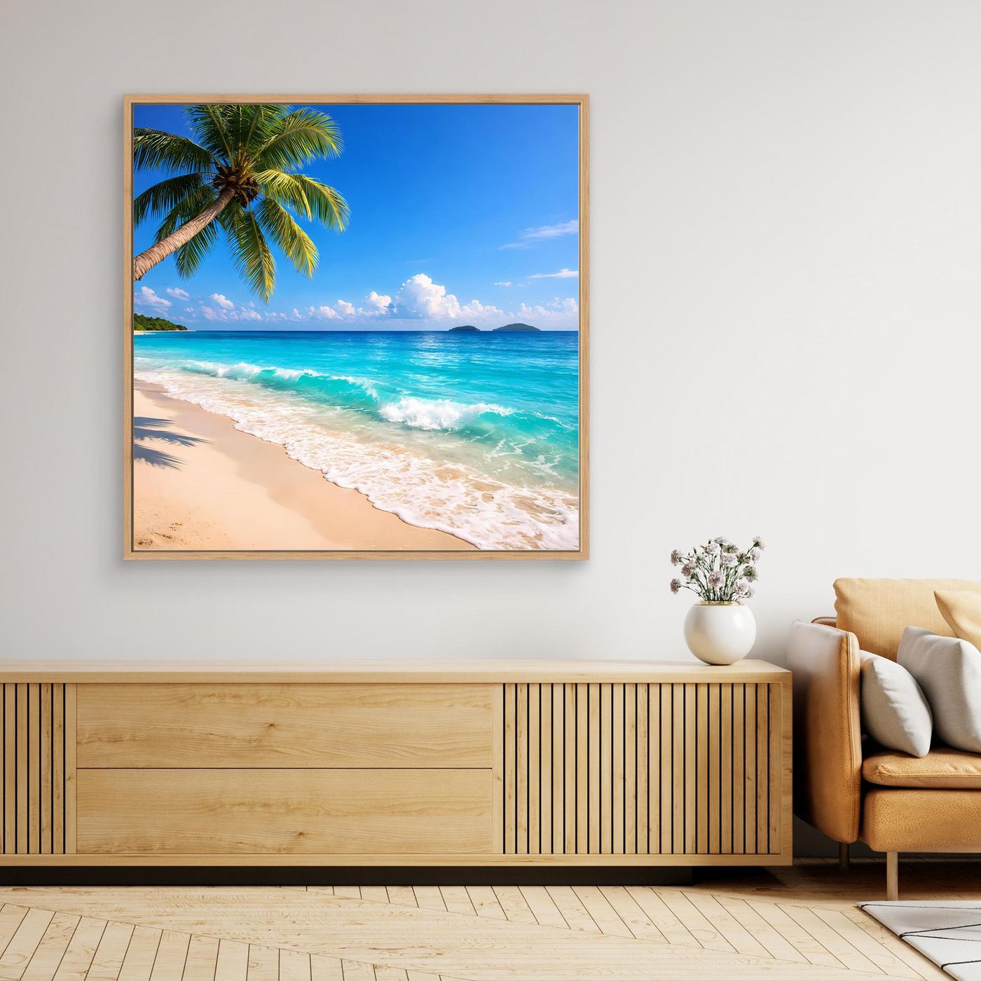 Leinwandbild Tropischer Strand mit Palme, türkisblaues Meer, helles Ufer und blauer Himmel