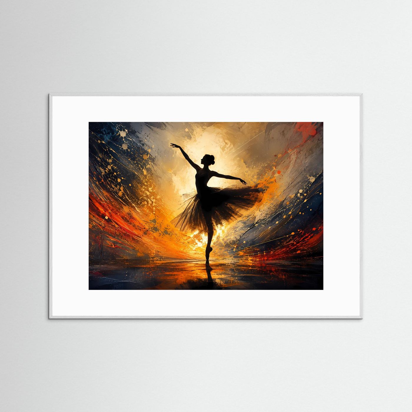 Ballerina im goldenen Licht | Abstrakte Tanzkunst in Schwarz, Gold & Orange – Elegante Wandkunst