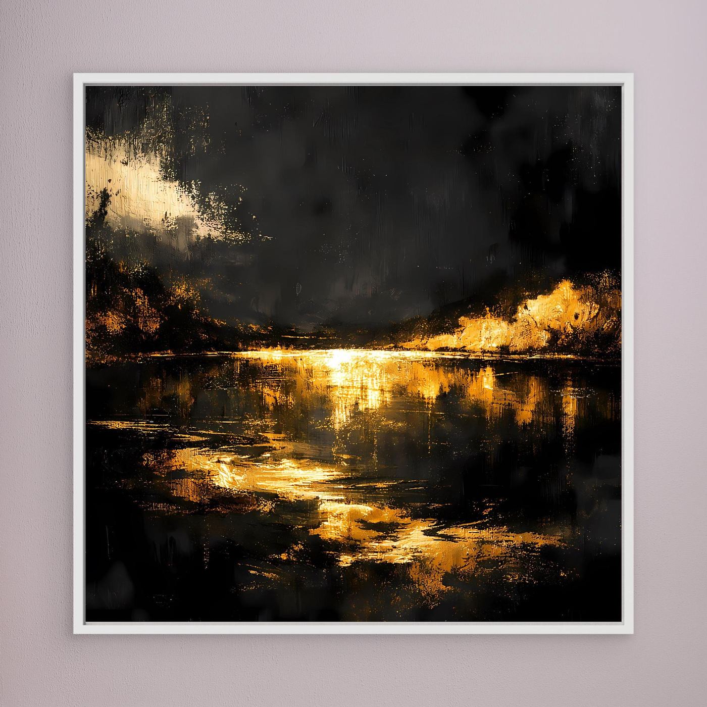 Leinwand Goldene Flusslandschaft bei Nacht | Abstraktes Natur Wandbild Moderne Kunst