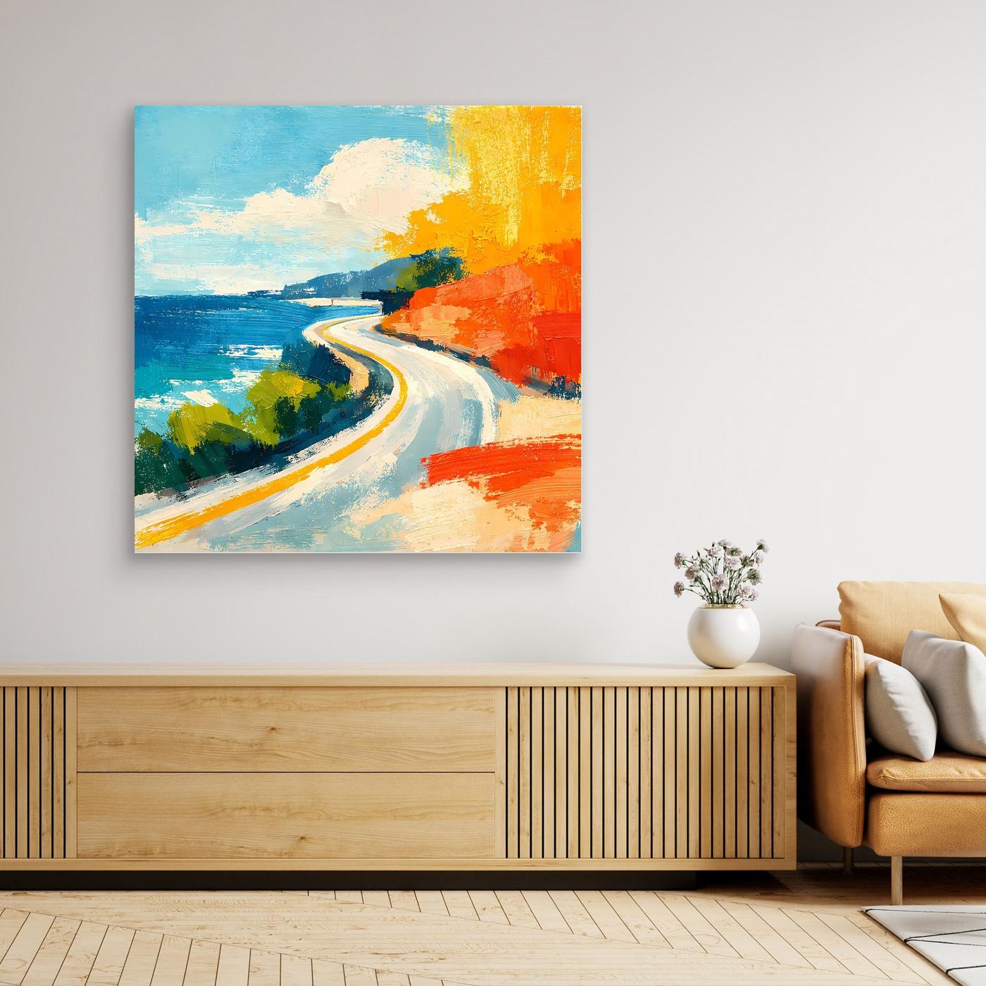 Unframed coastal road abstract wall art with blue sea, orange cliff colors, and winding road.