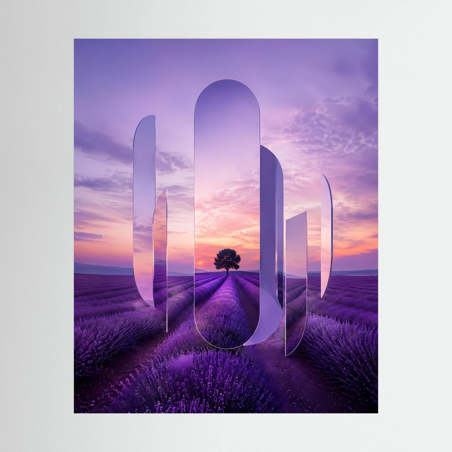 Kunstposter im Hochformat mit Lavendelfeld in Lila und surrealen, spiegelartigen Elementen