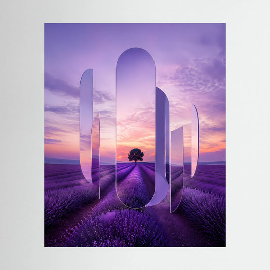 Kunstposter im Hochformat mit Lavendelfeld in Lila und surrealen, spiegelartigen Elementen