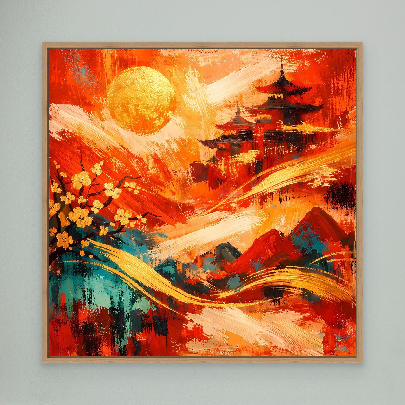 Abstraktes Leinwandbild mit Pagode, Sonne und Blüten in Rot, im hellen Holzrahmen