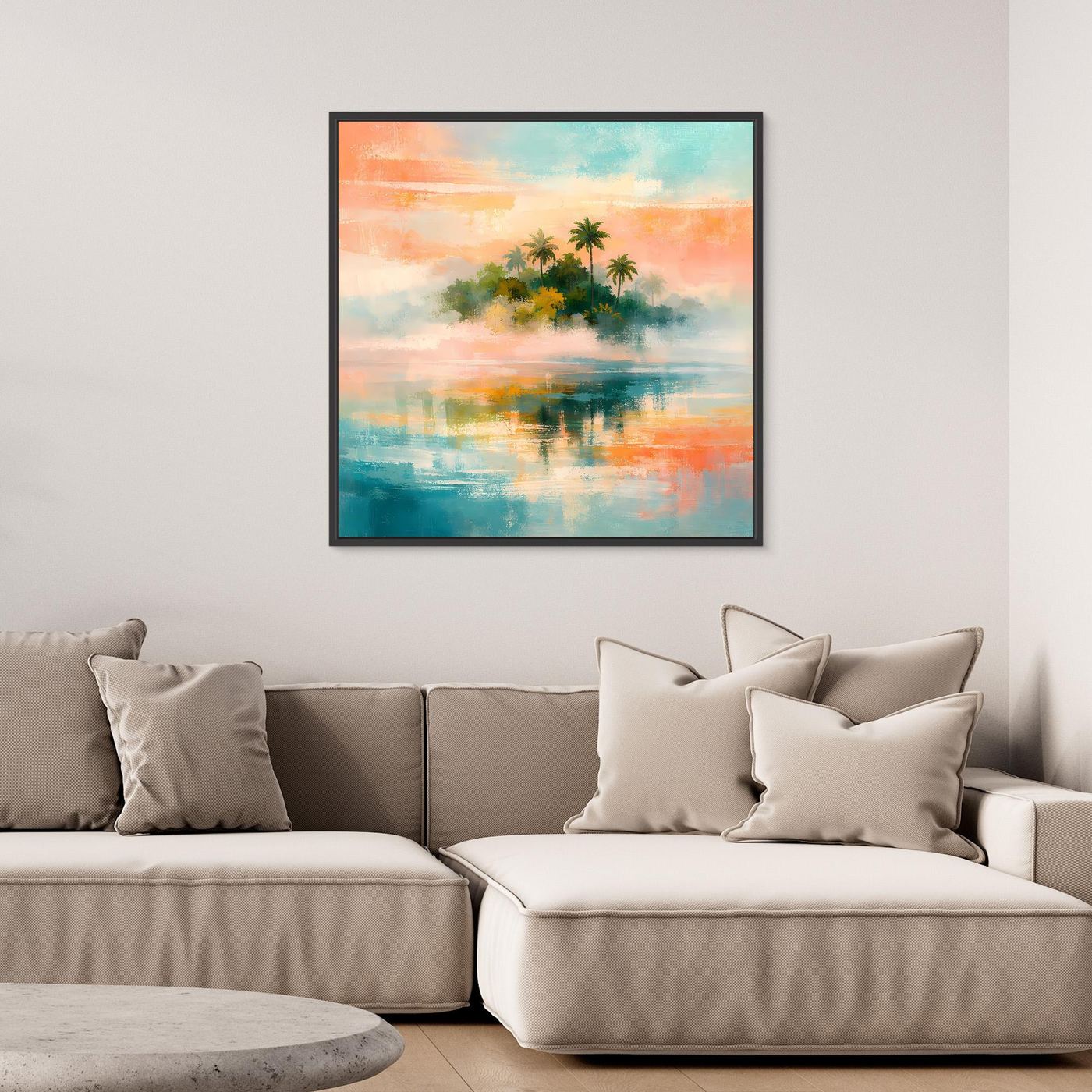 Wandbild mit abstraktem Tropenmotiv: Palmen und Meer, mit schwarzem Rahmen