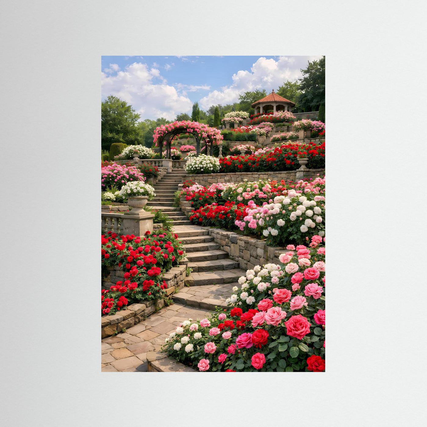 Romantisches Blumenposter mit Rosenbeeten, Steintreppe und Gartenpavillon im Hochformat