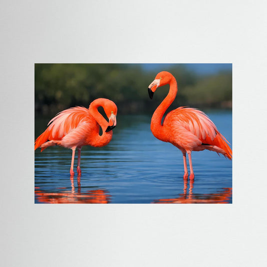 Querformat-Poster mit zwei rosafarbenen Flamingos am Wasser, ohne sichtbaren Rahmen