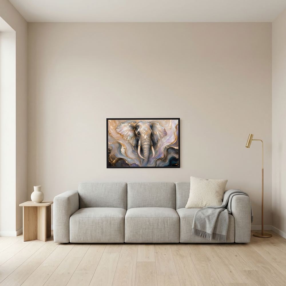 Wandposter im Querformat mit Elefant-Motiv im Perlmutt-Look, im schwarzen Rahmen