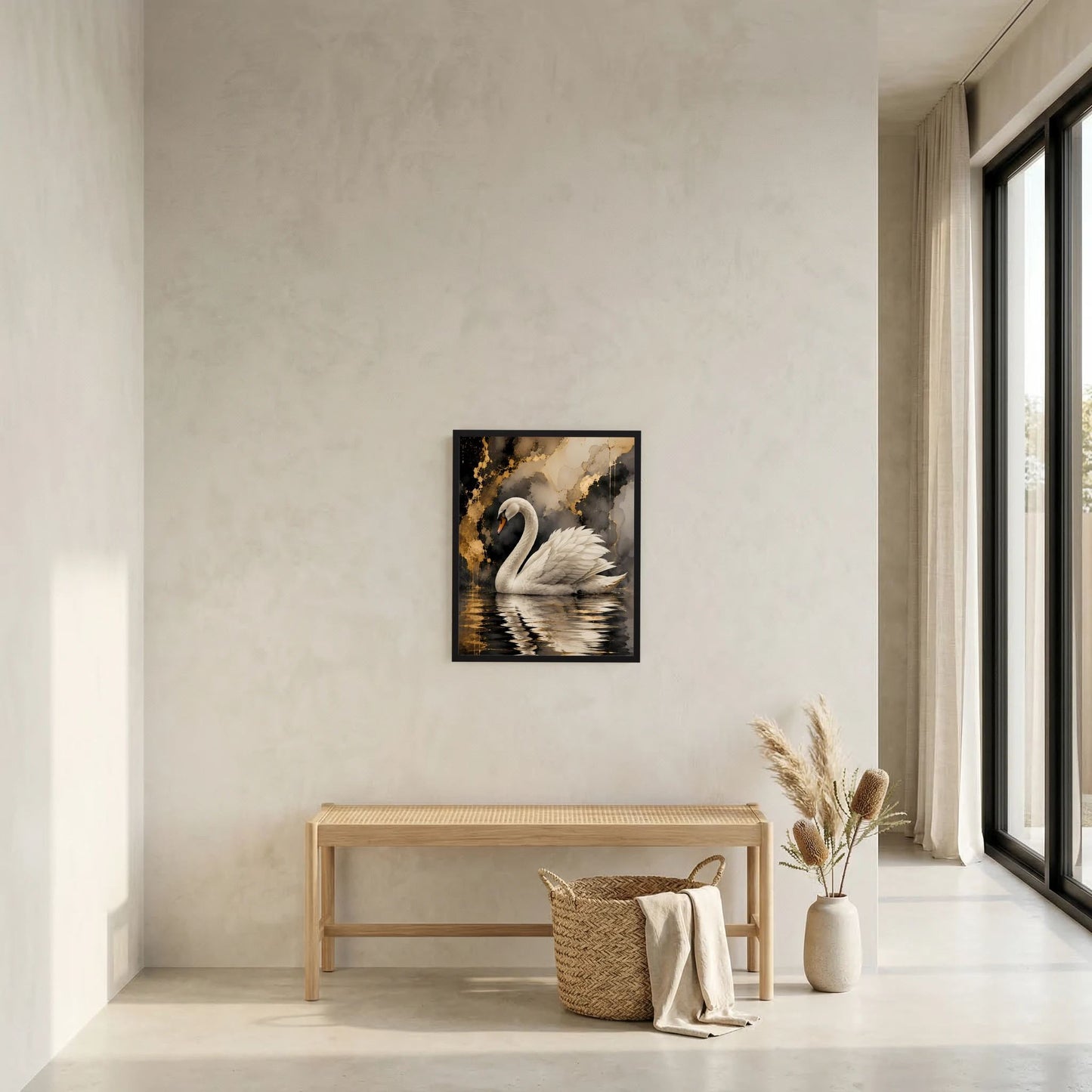 Schwarzes Rahmen-Poster mit weißem Schwan auf goldenem Wasser, Gold-Schwarz abstrakt