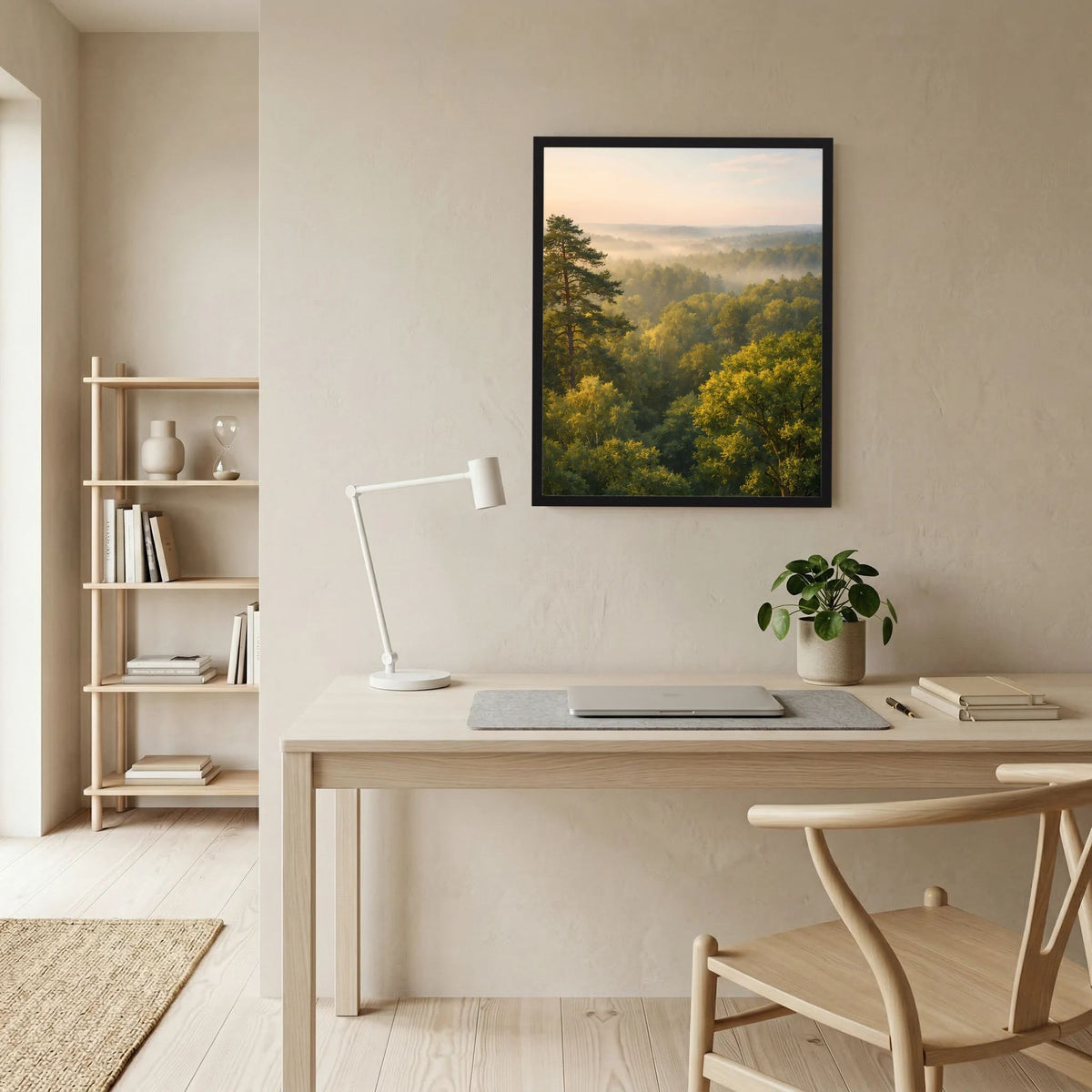 Hochformatposter im schwarzen Rahmen mit dichter Waldvegetation und Morgennebel