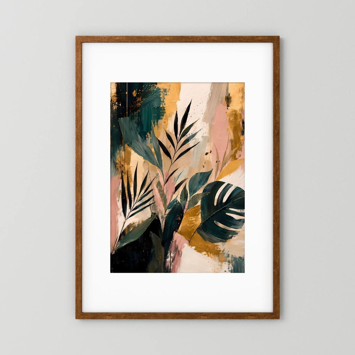 Abstrakte tropische Blätter | Botanische Kunst in Petrol, Rosa und Gold | Poster Hochformat