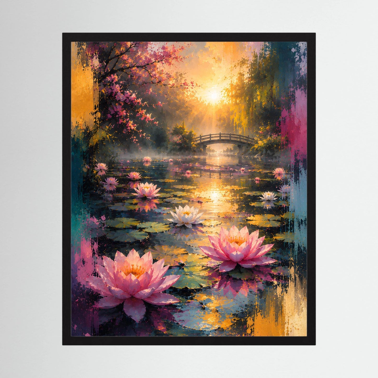 Schwarzes, gerahmtes Hochformat-Poster mit Lotusteich, Seerosen und Sonnenstrahlen