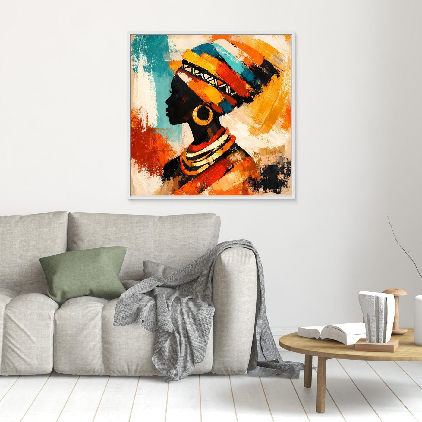 Wood-framed abstract canvas wall art with a woman profile silhouette, ring earring, and headwrap