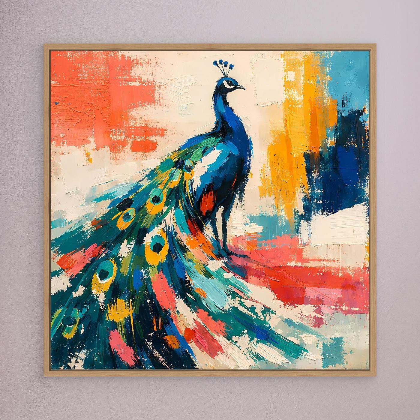 Canvas abstract peacock wall art with blue feathers and oak-toned frame
