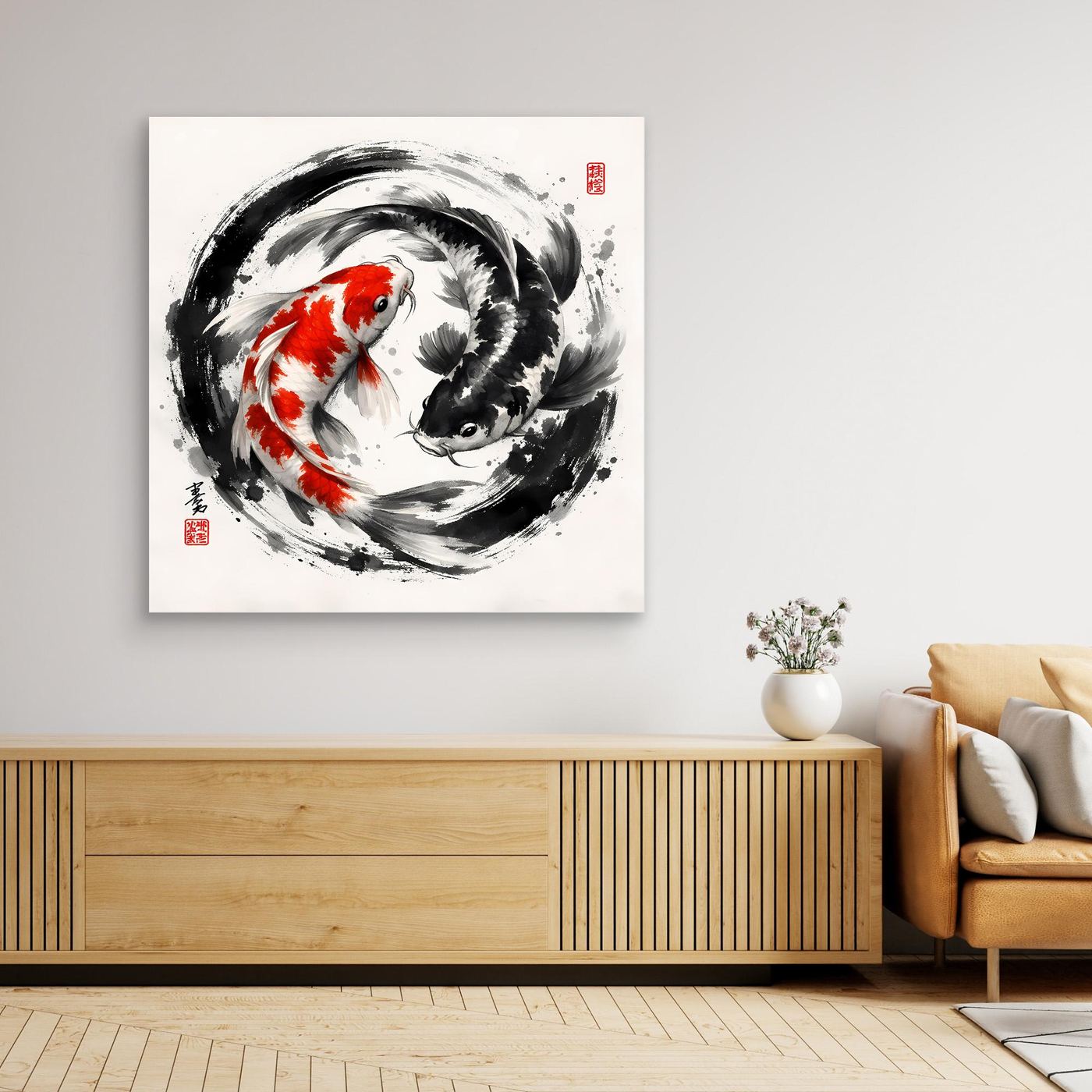 Leinwandbild mit Koi-Yin-Yang-Motiv: roter und schwarzer Karpfen im Kreis, ohne Rahmen.