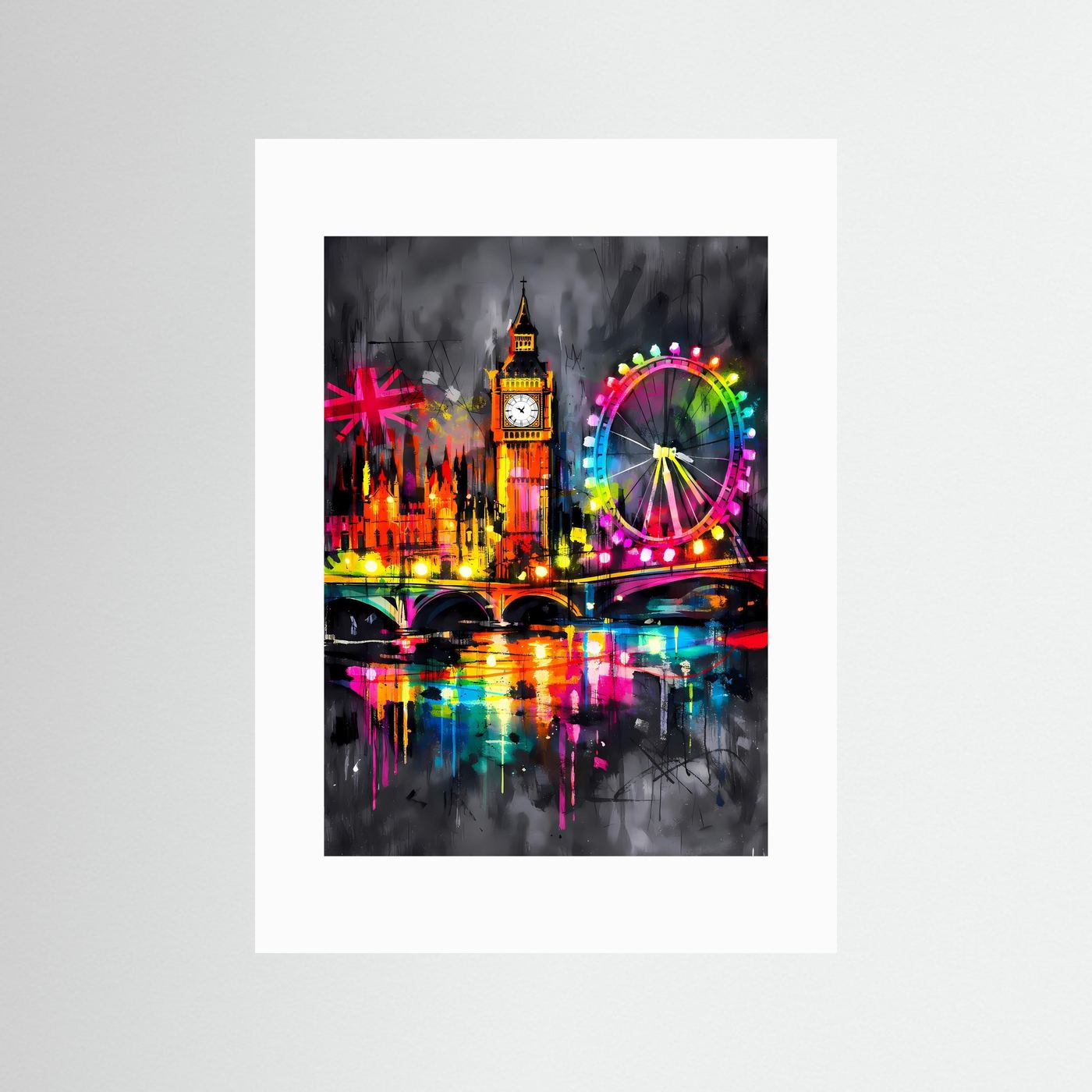 Die Lichter der Themse | Neon London Poster mit Big Ben & London Eye | Abstraktes Skyline Kunstposter Hochformat