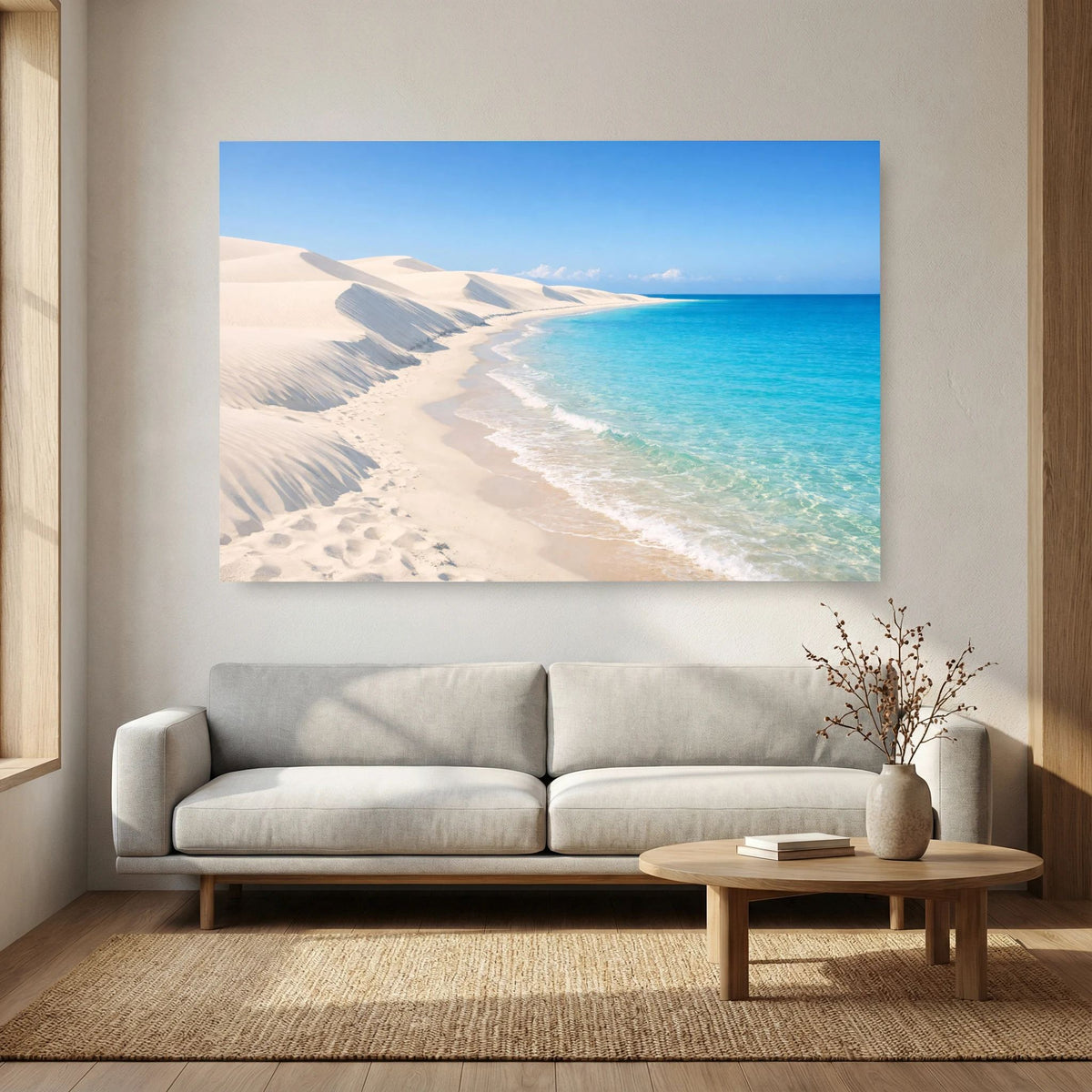 Querformatiges Wandbild mit Sanddünen, türkisblauem Wasser und heller Küste