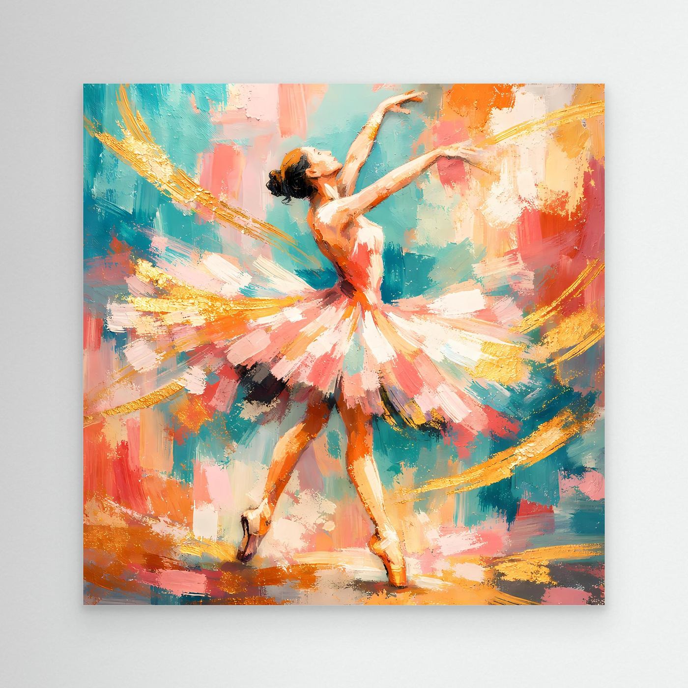 Leinwandbild mit abstrakter Ballerina, bunte Farbflächen, tänzerische Pose im Kreis