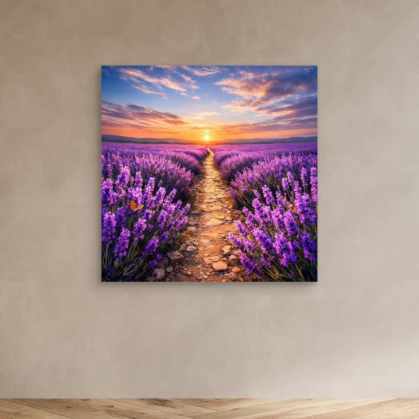Leinwandbild Lavendelfeld mit Kiesweg und Sonnenuntergang, mit dunklem Rand