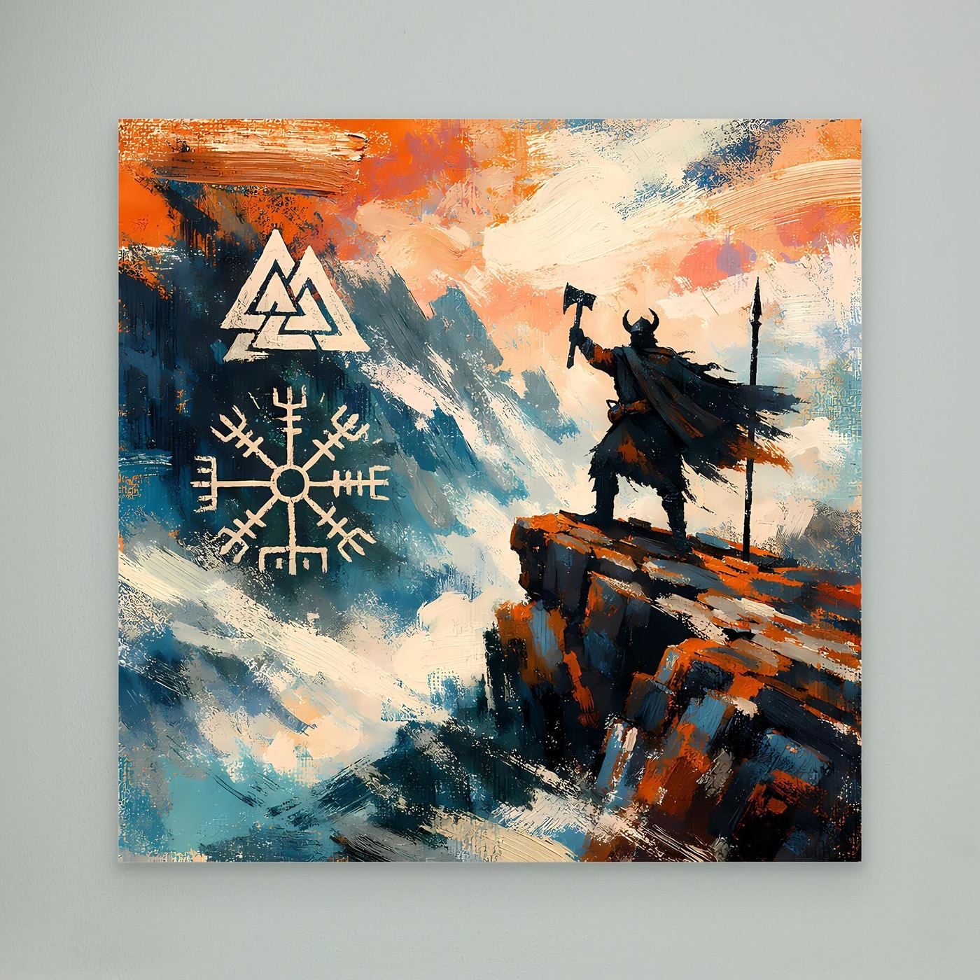 Leinwand-Wandbild mit Wikinger auf Klippe und Vegvisir-Symbol; kräftige Blau-Orange-Farbgebung