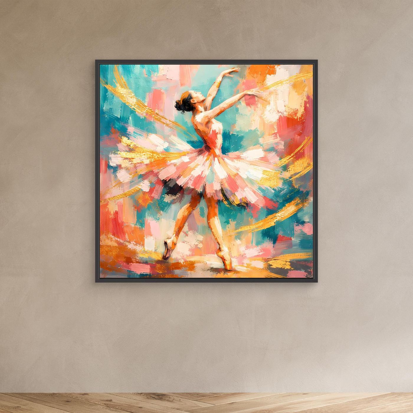 Leinwandbild mit abstrakter Ballerina im dunklen Rahmen, bunte Strahlenform