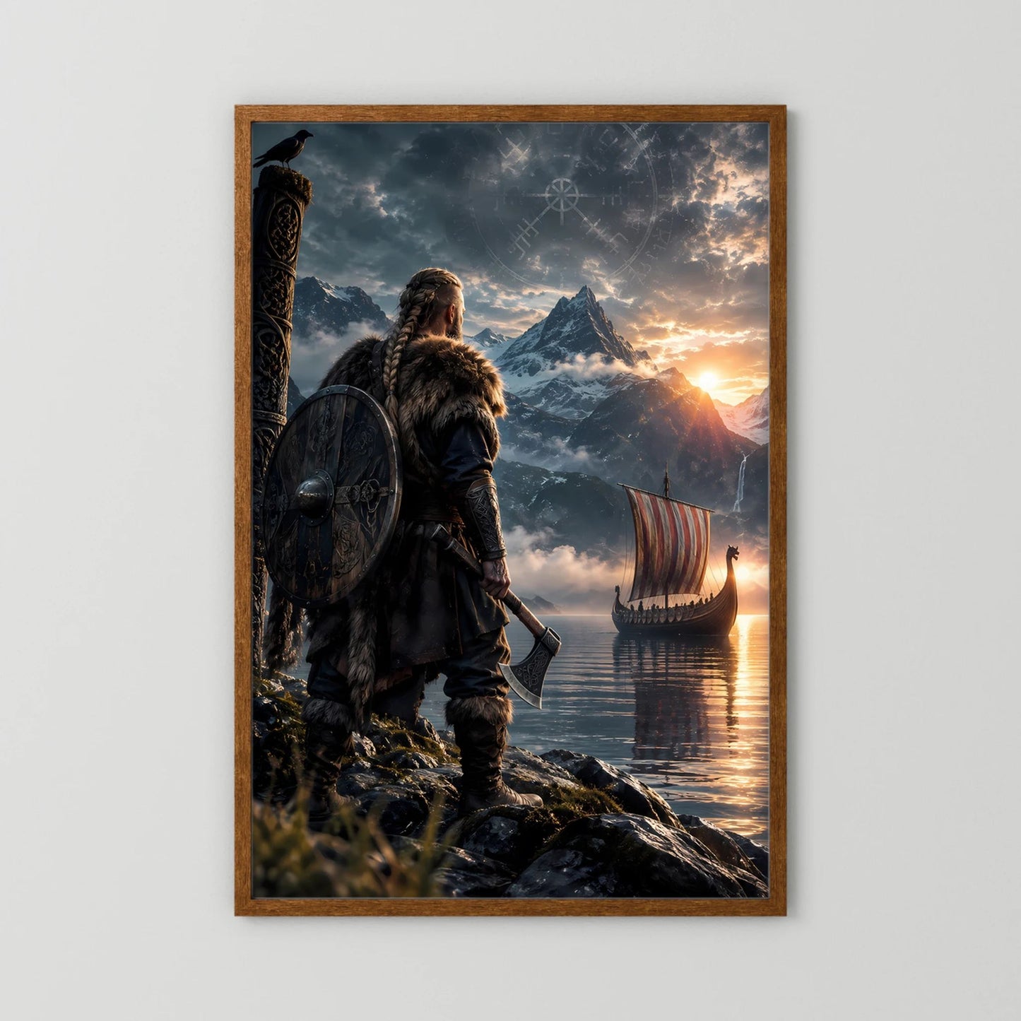 Fantasy-Poster Hochformat im Holzrahmen: Wikingerkrieger mit Schild vor Bergen, Langschiff