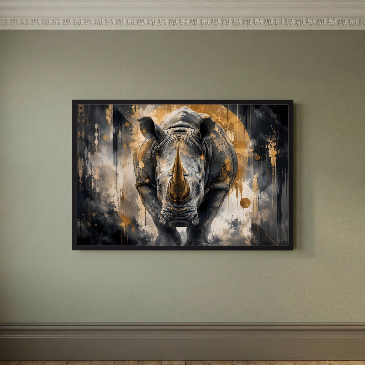 Abstraktes Nashorn-Poster mit schwarzem Rahmen, Schwarz-Gold-Detailgrafik im Querformat