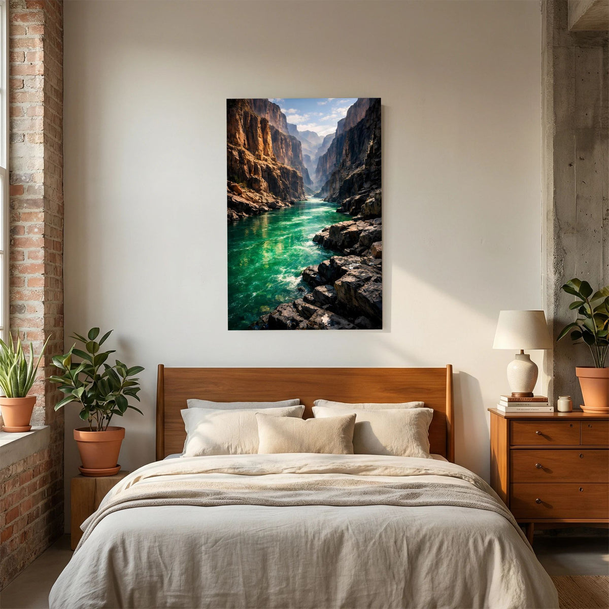 Vertikales Wandposter mit Canyon und türkisgrünem Wasser zwischen Felsblöcken