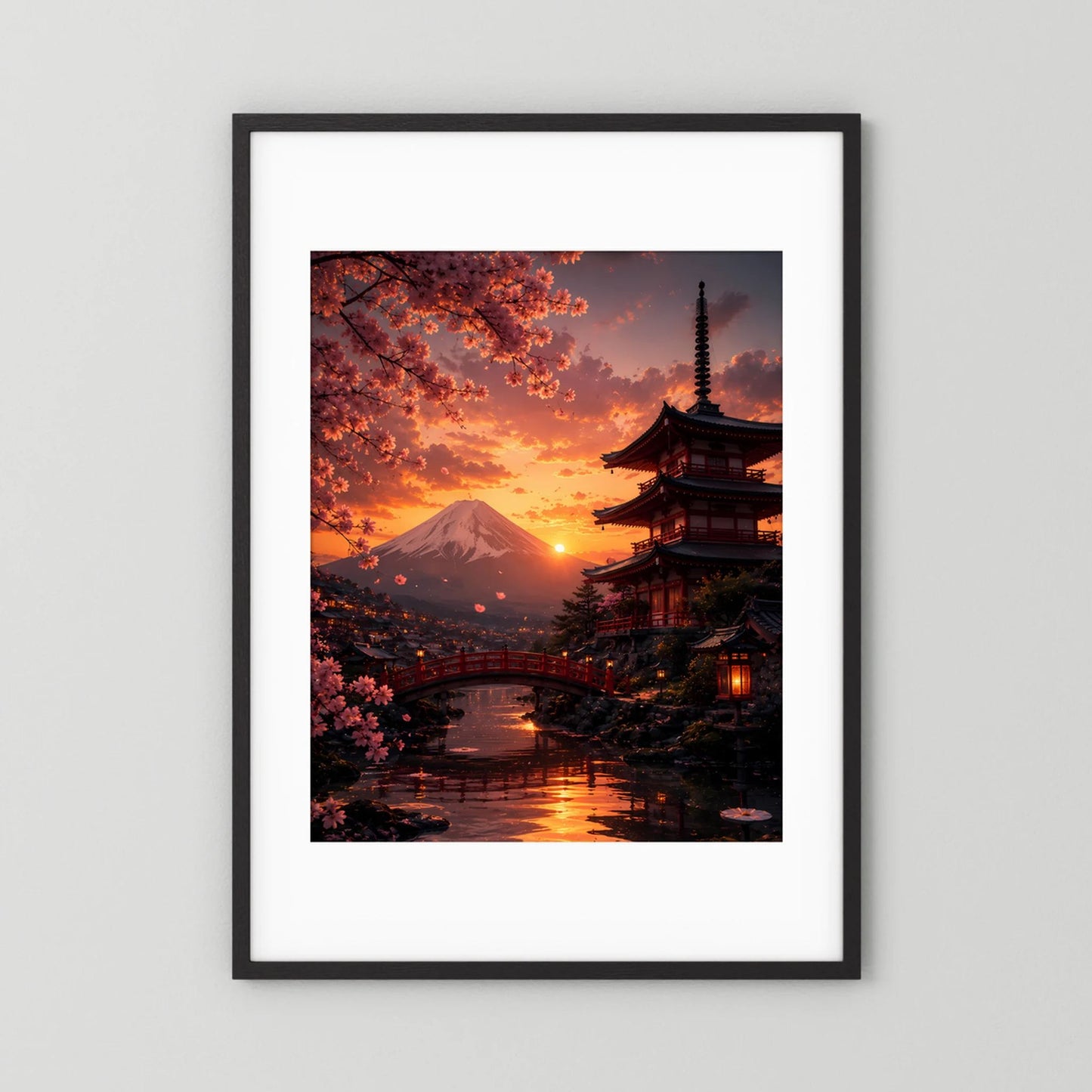 Hochformatiges Poster mit schwarzem Rahmen und weißer Passepartout, japanischer Tempel