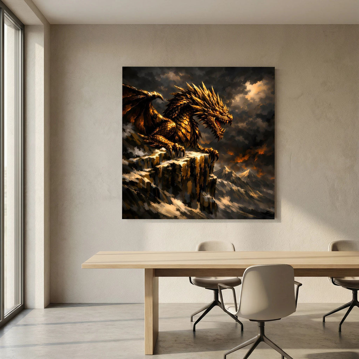 Motiv auf schwarzem Keilrahmen: goldener Drache auf Felsen, orange Wolken, Felslinien