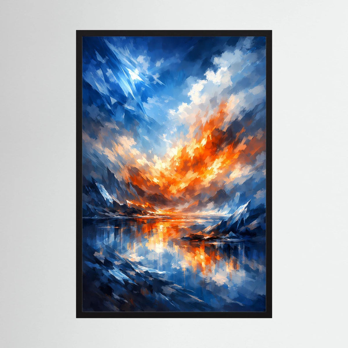 Hochformat-Poster mit abstrakter Landschaft in Blau und Orange, mit dunklem Rahmen.