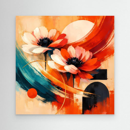 Leinwandbild mit abstrakten Anemonenblüten in Rot, Orange, Türkis und Schwarz.