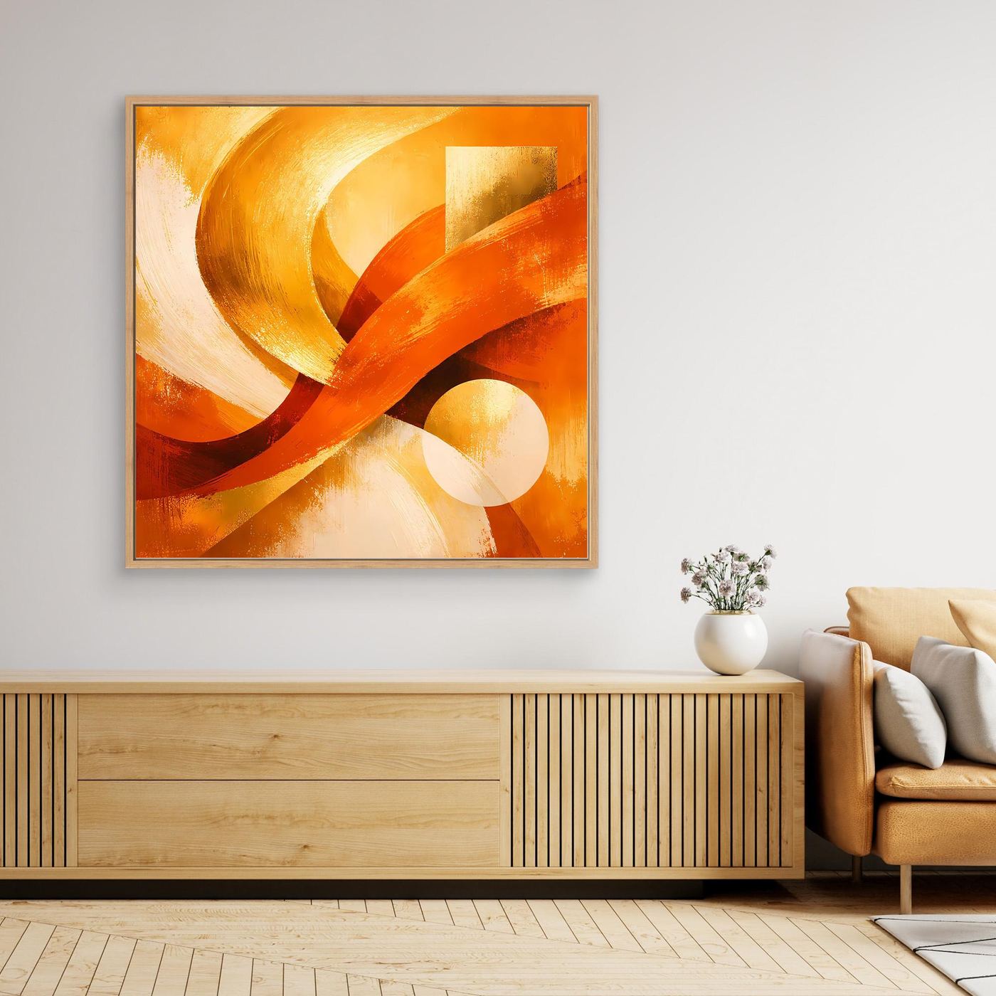 Quadratisches, orange gerahmtes Leinwandbild: goldene Wellen, warmorange Akzente, abstrakt.
