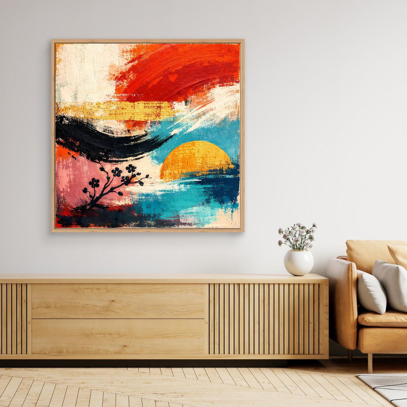 Leinwand-Wandbild mit abstrakter Kirschblütenlandschaft in Rot, Blau und Schwarz, brauner Rahmen