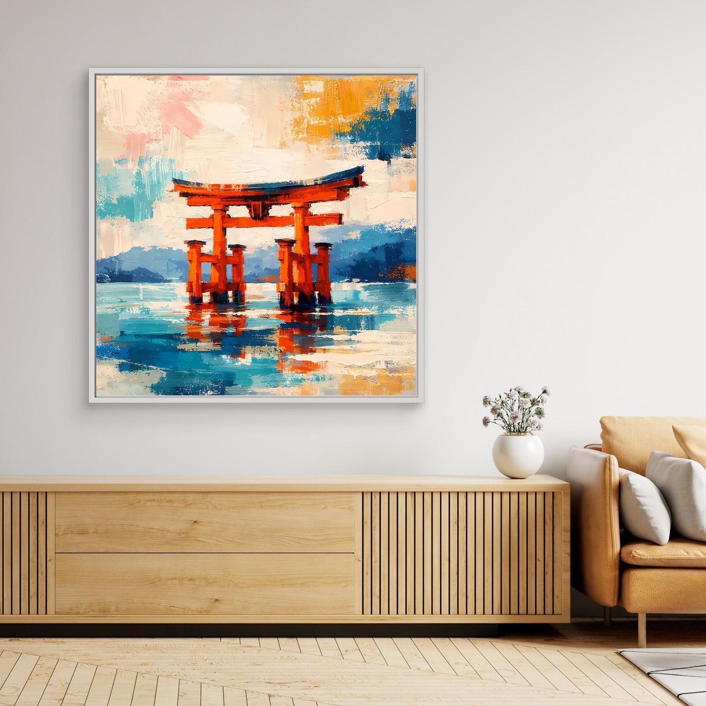 Leinwandbild Japanisches Torii-Tor im Meer | Abstraktes Kultur Wandbild auf echtem Holzkeilrahmen