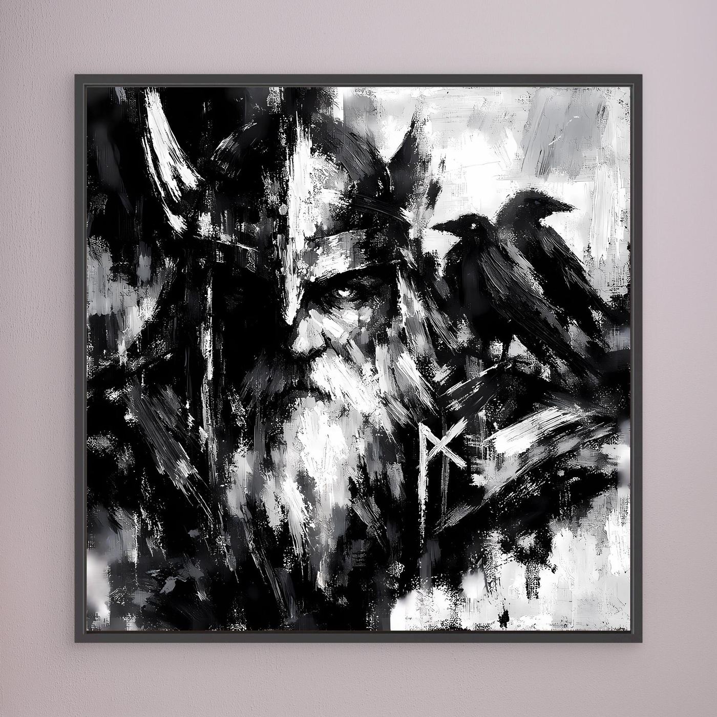 Leinwand-Wandbild mit Odin-Porträt und Rabe, Runensymbol in Schwarzweiß, schwarzer Rahmen.